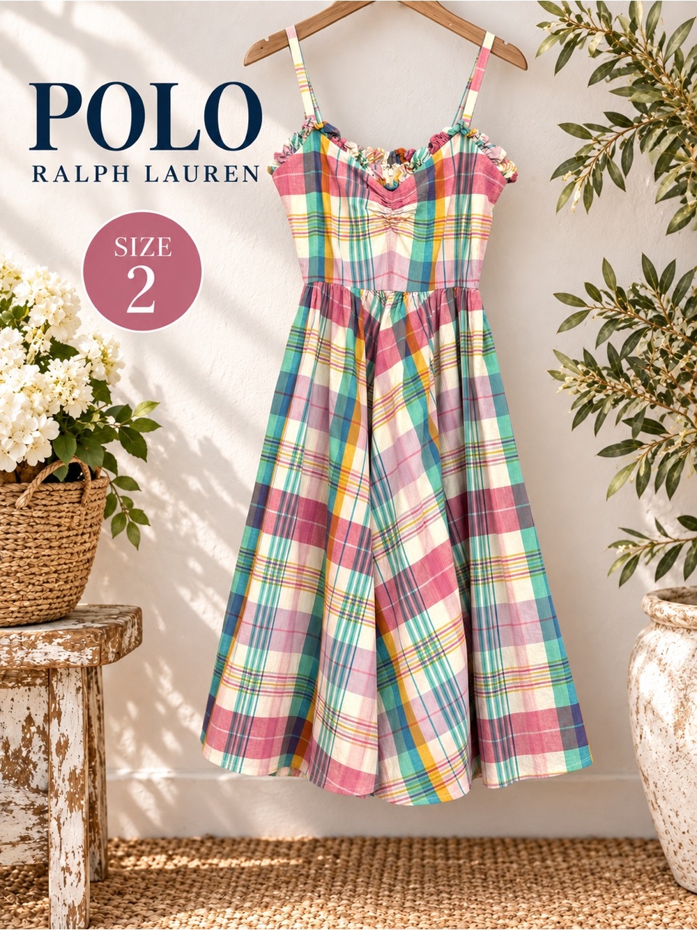 Polo Ralph Lauren Madras Plaid Cotton Midi Sundress Size 2